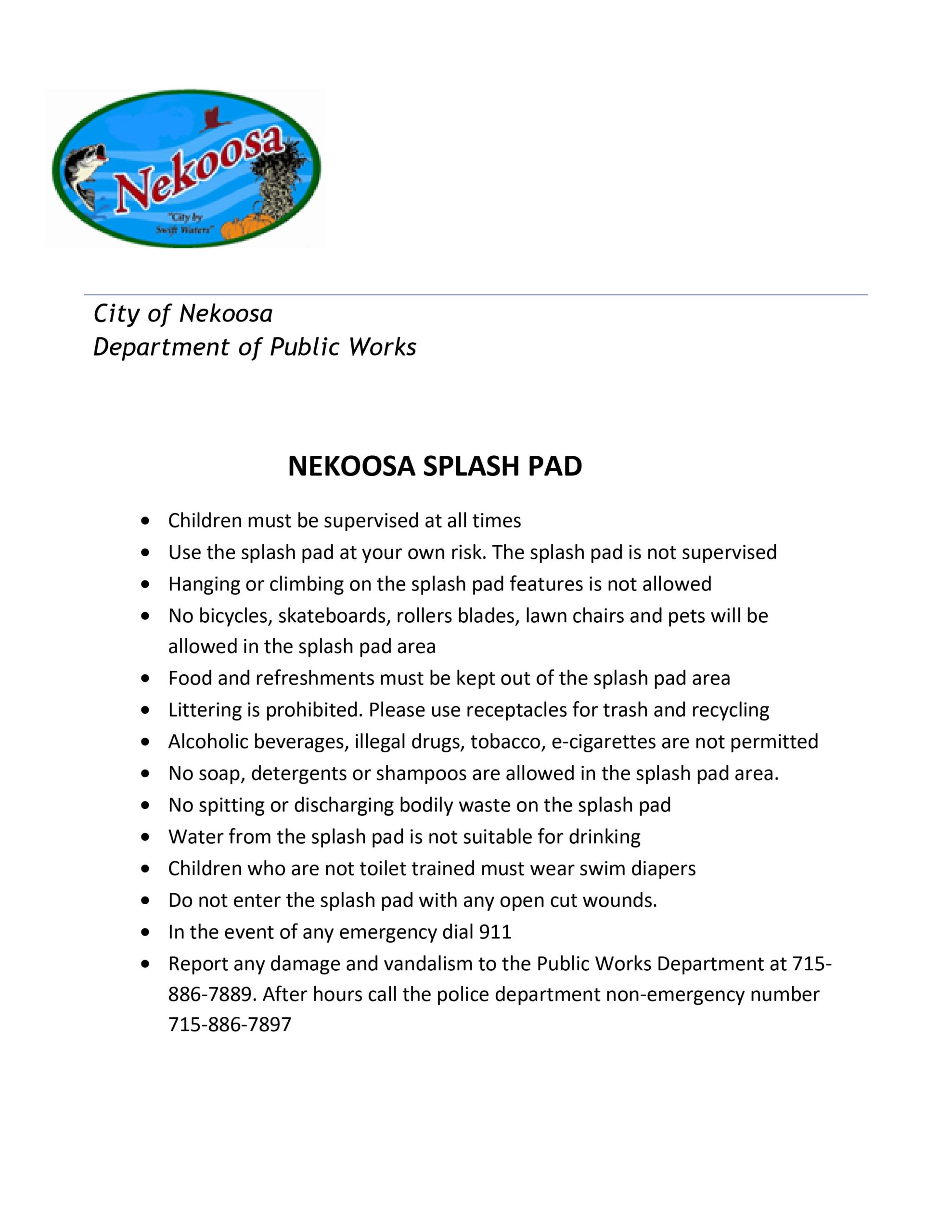 Splash Pad General Rules